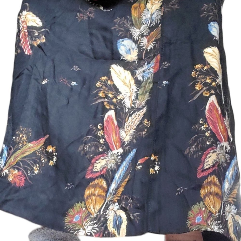 90s Medium Black Feather Print Boho Faux Wrap Midi Maxi Skirt Rayon USA - Picture 5 of 11
